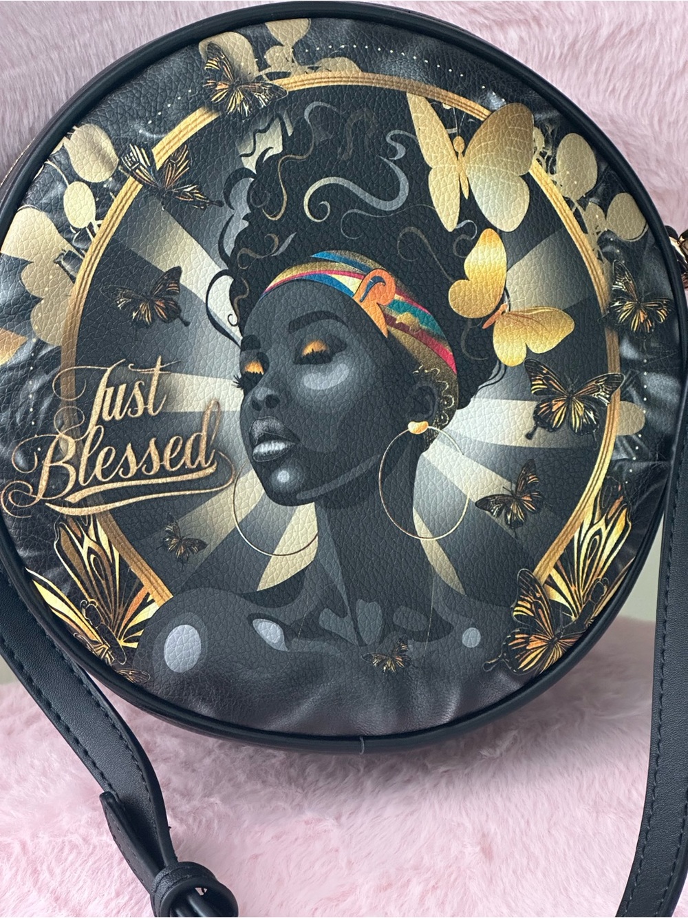 Black Round Crossbody Bag with Gold Accents